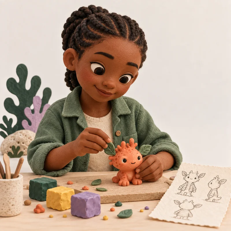A girl sculpts her own little coral character at a desk with clay and sketches.
