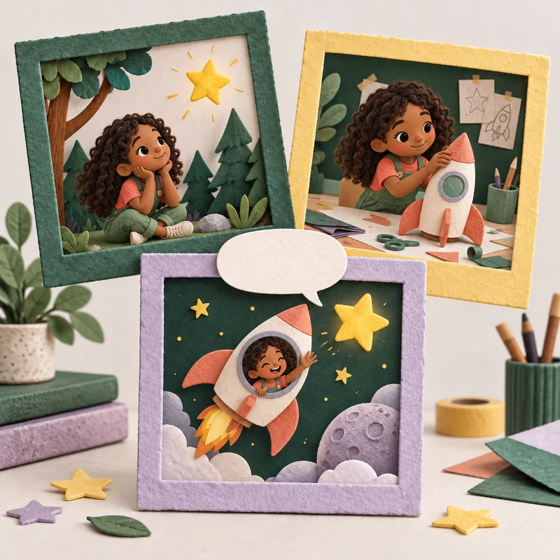 Three handmade comic panels show a girl imagining, building and flying a paper rocket.