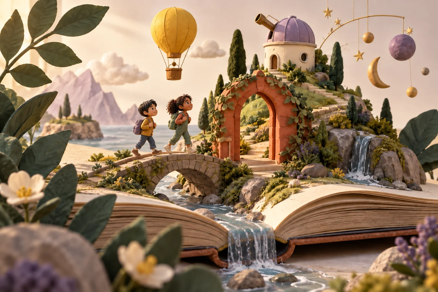 Two child explorers cross a bridge in a handmade story world growing from an open book, with trees and an observatory.
