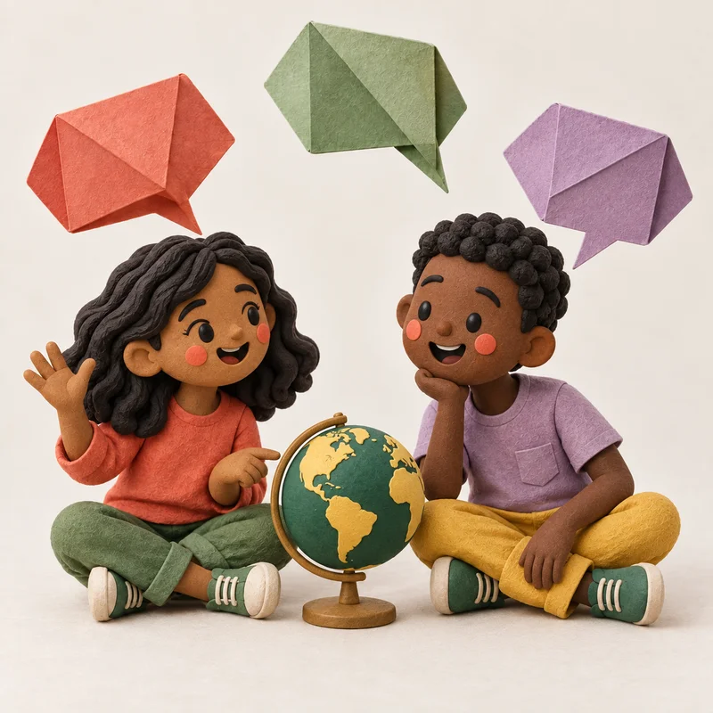 Two children share a greeting beside a small globe and paper speech shapes.