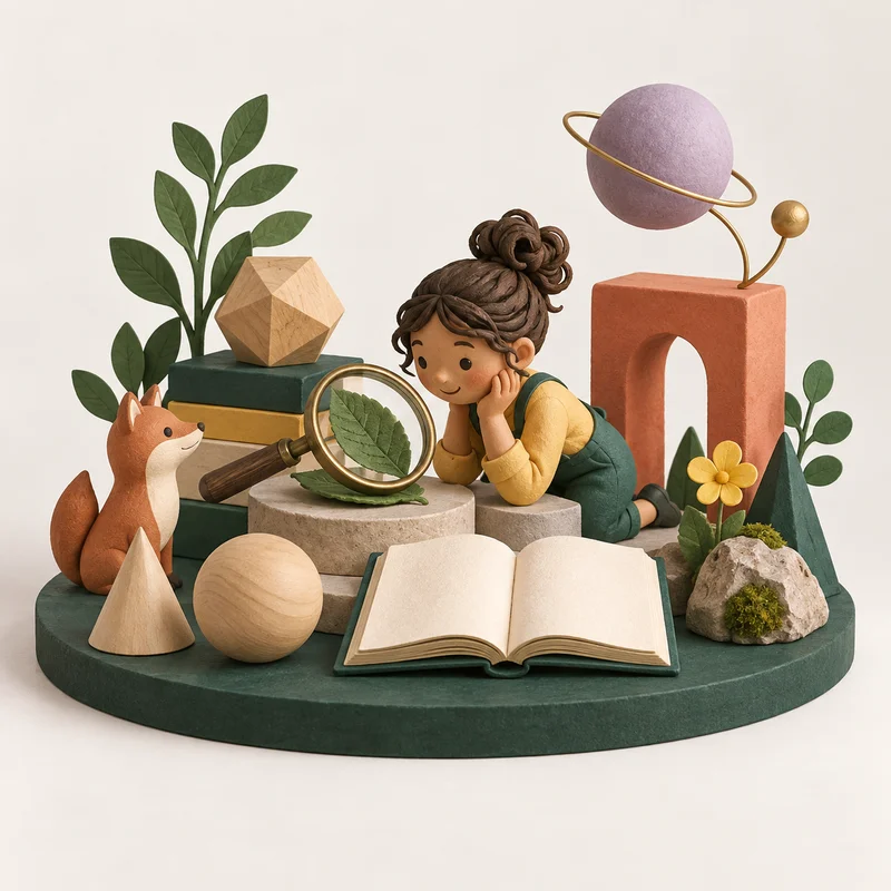 A miniature child studying a leaf at a discovery desk.