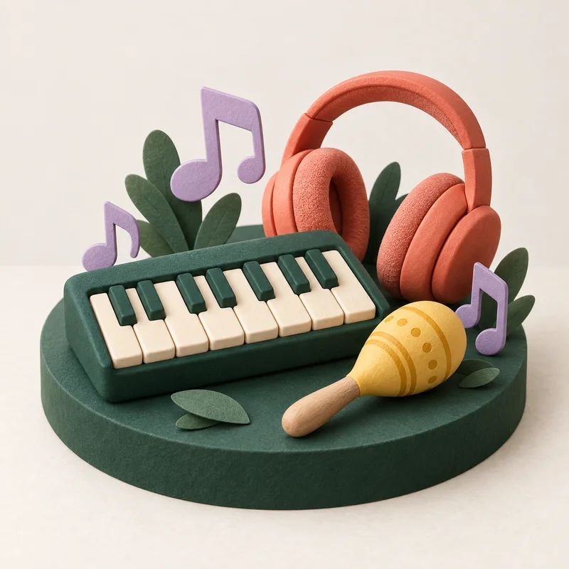 A miniature green keyboard, coral headphones and a yellow shaker.
