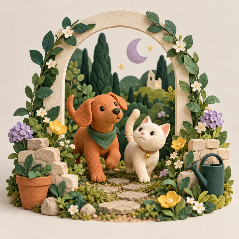 A little dog and cat exploring a miniature garden.