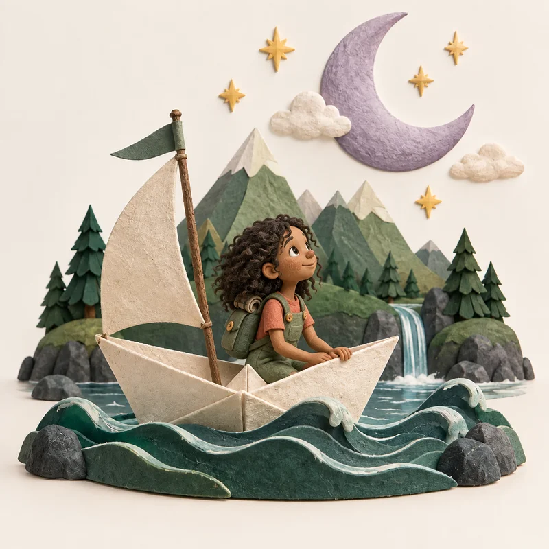 A child with curly hair sits in a paper boat, looking up at a lavender moon.