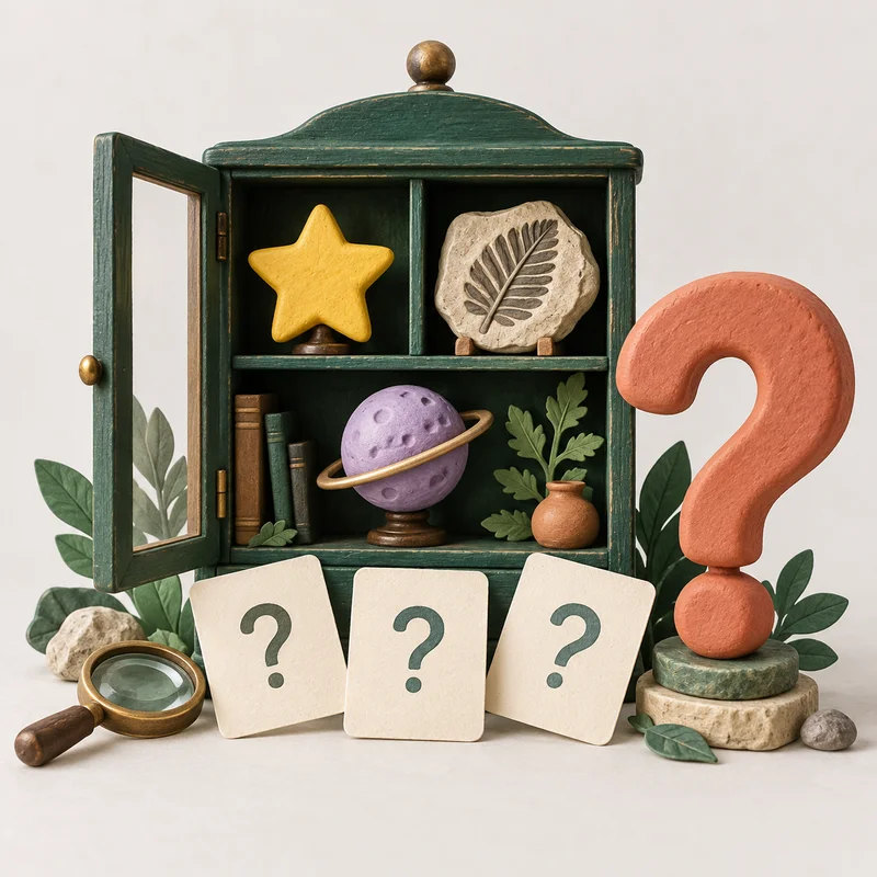 A curiosity cabinet with a fossil, a planet and question cards.